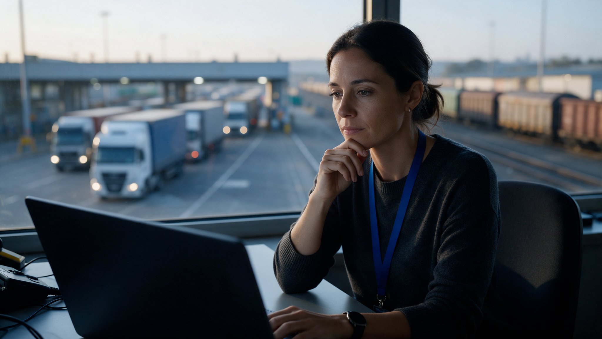 Analista de operação logística em um terminal, diante do computador, com caminhões no gate e vagões de trem ao fundo